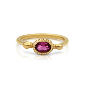 Odette ring in 14K Yellow gold with oval shaped Rubellite center stone