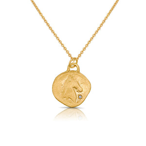 Greek horse pendant shown in 14K yellow gold with white round diamond