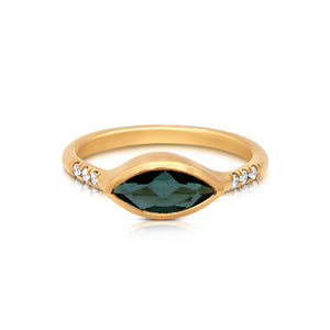 Emerson Ring with Tourmaline  Marquis center stone and White diamond side stones in 14K Yellow gold.
