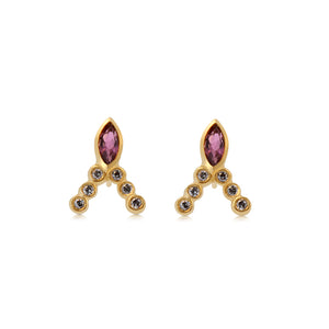 Marquis Beatrix stud with pink marquis tournaline and 6 round gray diamonds in each