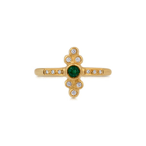 Olivia ring with green emerald center stone and white diamonds on side top and bottom