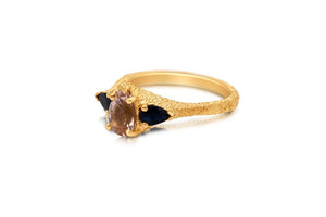 Top view  Vivian Pink Morganite with Black Sapphire side stones in 14K Yellow gold.