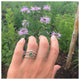 shown in 14k yellow gold with Green Tourmaline center stone and pink and white sapphire side stones.  Shown on finger with message me ring and  Nora ring.
