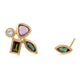 Multi bezel earrings with one marquis shaped stud with blue tourmaline multi bezel earring with pink tourmaline, green baguette shaped tourmaline round gray diamond and blue marquis tourmaline
