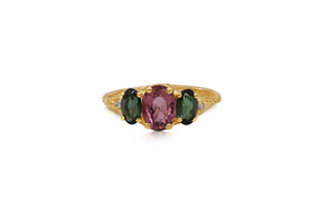 Nina Ring Tourmaline Pink center stone and Green Tourmaline side stones in 14K Yellow gold.