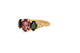Side view of Nina Ring Tourmaline Pink center stone and Green Tourmaline side stones in 14K Yellow gold.