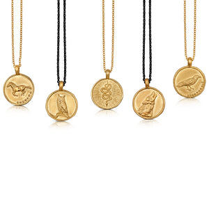 Guide me sagittarius with owl in 14K yellow gold on black rhodium plated sterling silver chain shown with other guide me pendants all sold separately