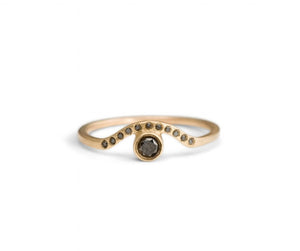Sunrise Center ring in 14K yellow gold with round black  diamond center stone and 11 black diamonds in arch