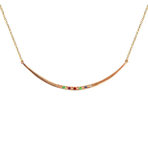 Message Me Curved Bar Necklace shown is Dearest The bar measures approximately 1.8inches wide and hangs from a 1.3mm 16" 14K gold chain.