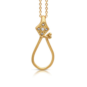 Our Tori Charm Holder in 14k yellow gold with 5 round white diamonds and a carved pattern
