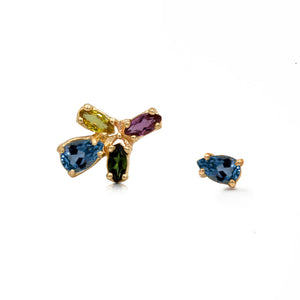 Starburst earrings in 14K yellow gold  earrings feature a yellow sapphire, pink and green tourmaline and a pear shaped Aquamarine