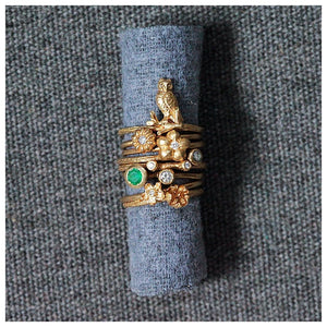 Owl ring in 14k yellow gold shown with other rings sold separately