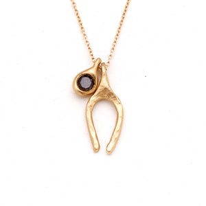 Wishbone pendant in 14K yellow gold and Black Diamond Bud Necklace