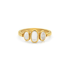 Our Estelle ring shown in 14K Yellow gold with 3 Oval shaped moonstones.
