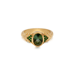 Carla Ring Tourmaline center stone and Emeralds in 14K Yellow gold.