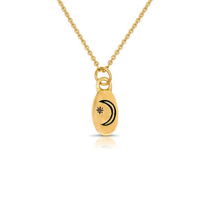 Lucia moon pendant with carved moon and star with white round diamond in 14K yellow gold