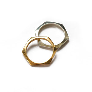 Hexagon ring in 14k yellow gold and sterling silver sold separately
