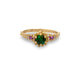 shown in 14k yellow gold with Green Tourmaline center stone and pink and white sapphire side stones.