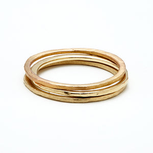 Three 2 thin circle bands in 14K yellow and 14K rose gold with hammer texture all around
