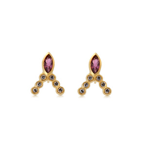 Marquis Beatrix Studs with pink tourmaline marquis and gray diamonds in 14K yellow gold