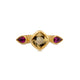 Eve Ring shown in 14 yellow gold This handcrafted features a beautiful golden Morganite center stone with 2 dark pink tear shaped Tourmalines on either side