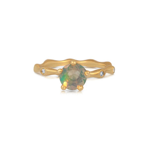 Seaweed bud ring with Opal center stone 1CT round in 14K yellow gold