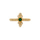 Olivia ring with green emerald center stone and white diamonds on side top and bottom