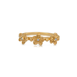 Our Dahlia ring in 14K yellow gold with 3 flowers and white diamond in the center of each flower