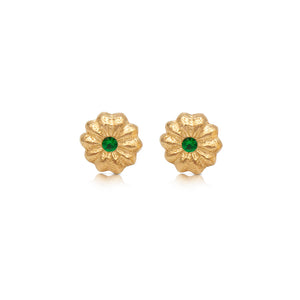 Blossom flower earrings with one round emerald in each shown in 14K yellow gold