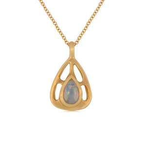 Maria pendant features a beautiful pear shaped opal center stone set in a rich 14K yellow gold.