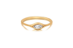 Haley Ring White Sapphire center stone Marquis shape in 14K Yellow gold.