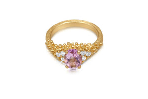 Top view of Nellie Ring with Pink Morganite and diamond side stones shown in 14K Yellow gold