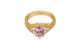 Top view of Nellie Ring with Pink Morganite and diamond side stones shown in 14K Yellow gold