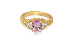 Nellie Ring with Pink Morganite and diamond side stones shown in 14K Yellow gold