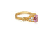Side view of Nellie Ring with Pink Morganite and diamond side stones shown in 14K Yellow gold