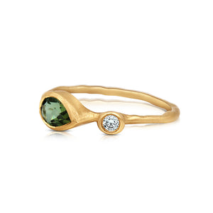 Side view of Sonja Green Tourmaline and Diamond Ring in 14K gold.