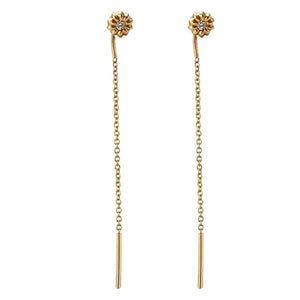 Blossom threader earring in 14K yellow gold with one round white diamond in each