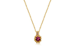 Our Jocelyn necklace features a gorgeous pink sapphire center stone with 3 sapphires varying in shades of pink on the jump ring (1.023 tcw) on a 16” 1.3mm chain. Shown in 14K yellow gold