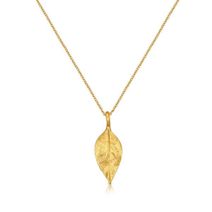 This precious leaf necklace is perfect for everyday wear shown in 14K yellow gold