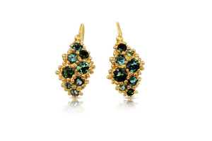 Hanging coral earrings in 14K yellow gold with 8 tourmalines mixed blue and green color in each
