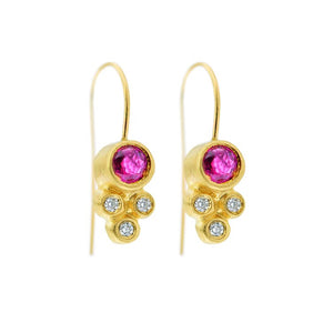 Olivia hanging earring with ruby center stone with 3 white diamonds in both
