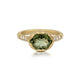 Scallop bezel ring with tourmaline center stone and white diamonds on both sides. Shown in 14K yellow gold.