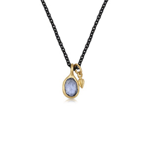 Sapphire bud necklace with blue sapphire and black rhodium plated silver chain and 14K tiny bud
