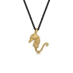 Seahorse Necklace 4K Yellow Gold on a Black Rhodium plated Sterling Silver Chain.