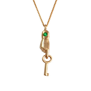 This sweet Hand pendant is shown with a 2.5mm Emerald holding a key in 14K yellow gold