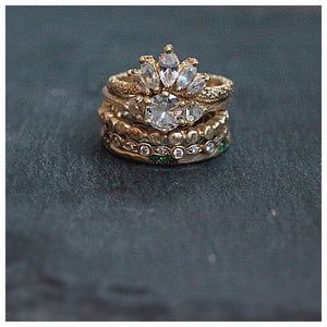  Essie Sapphire Ring white with ringstack including Mila Tiara ring with white sapphires all in 14K Yellow gold.