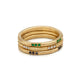 Textured diamond band in 14K yellow gold with 15 white round diamonds in 5 sets of 3 around the band shown with emerald and black diamond version of the same ring