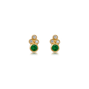 Olivia studs with round green emerald center stone and 3 diamonds on top in each earring.