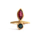 Double Stone Tourmaline Ring Pink Marquis Tourmaline top and Dark Green tourmaline round bottom in 14K Yellow gold.