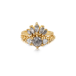 Jocelyn Ring features granulation all around a 1 CT round center gray diamond stone with 2 trillions white diamonds on the side. shown with Mila ring sold separately